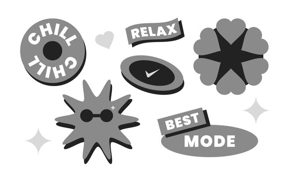 Neobrutalist Monochrome Sticker Collection with Trendy Labels, Cute Shapes and Bold Graphic Elements