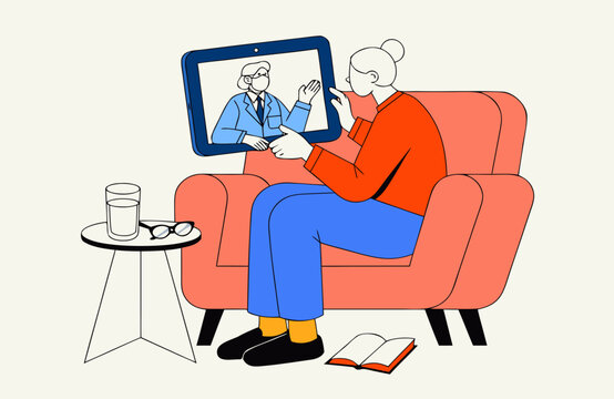 Woman sitting in armchair having video consultation with doctor on digital tablet device illustration with interacting masked professional comfortable armchair