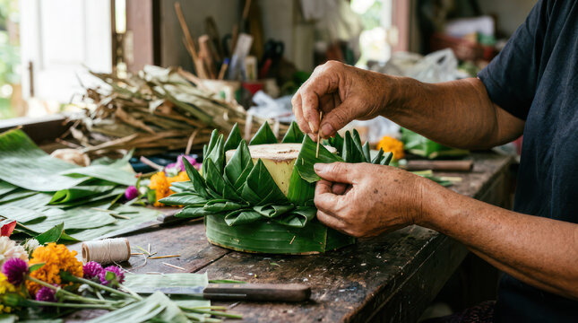 Hands crafting a traditional floral offering using banana leaves and flowers.