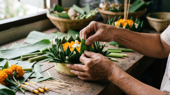 Hands crafting a traditional krathong for Loy Krathong festival.