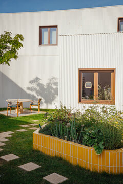 charming garden with yellow planter
