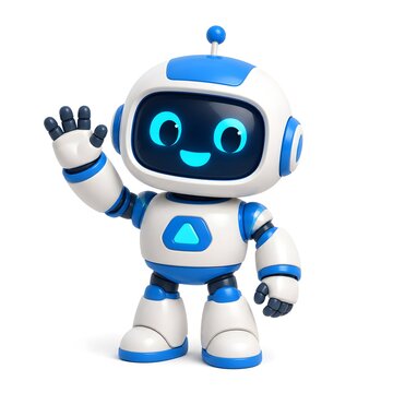 3D render of a cute friendly robot waving hand, isolated on white background. Artificial intelligence bot, chatbot or assistant mascot concept.