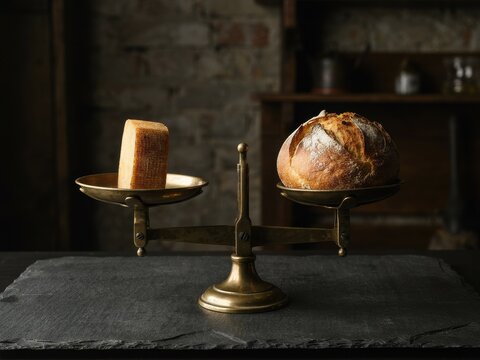 A vintage scale balancing bread and cheese on a dark background
