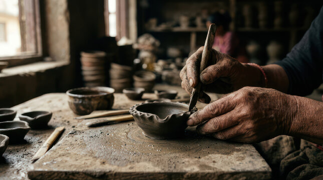 Potter shaping clay bowl with tools on workbench.