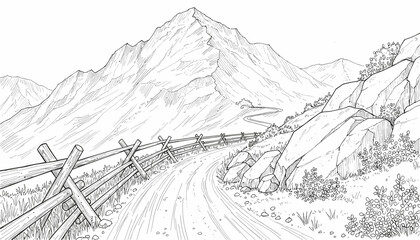 Obraz premium Engraving style landscape sketch of winding dirt road beside rustic fence in high mountains