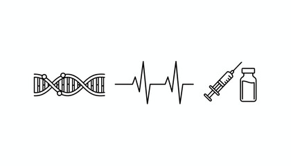 Obraz premium Biotechnology and medicine icons displaying DNA helix heartbeat pulse line syringe and vaccine bottle