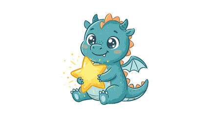 Fototapeta premium Friendly little blue dragon holding bright yellow star cute fantasy creature mascot design