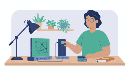 Fototapeta premium Woman using fingerprint scanner on desk with network monitor and smart devices illustration