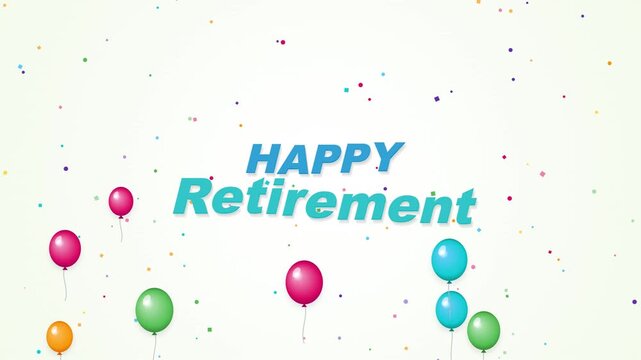 Happy retirement celebration title screen with multicolor confetti and bold