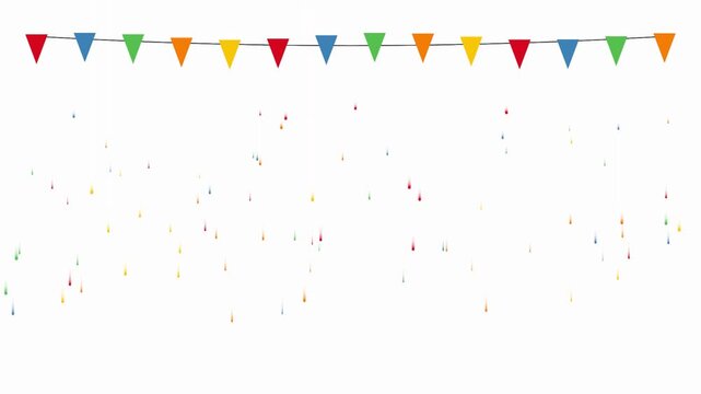 Animated multicolored paper flags waving on string with confetti and sparkles