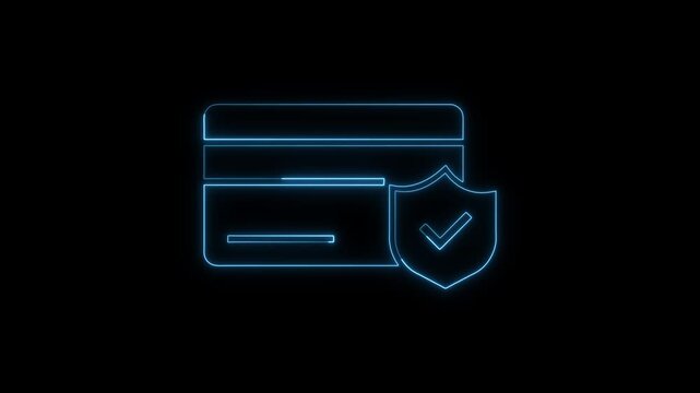 Secure Payment Card and Protection Shield Neon Light Animation with Color Changing Glow Effect on Dark Background