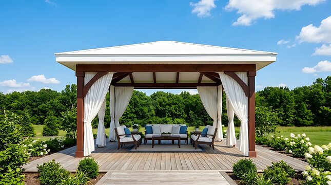 Gazebo Garden Lounge with Outdoor Furniture and White Curtains