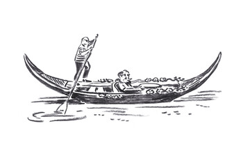 Venetian gondola charcoal sketch illustration isolated on white background. Hand drawn black Italian boat with gondolier element. Detailed vintage travel art for postcard, logo, print © Mariia