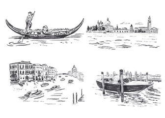 Hand drawn charcoal sketch set of iconic Venice views, isolated on white background. Detailed black cityscape illustrations of gondola, Grand Canal and skyline for postcard, logo, print © Mariia