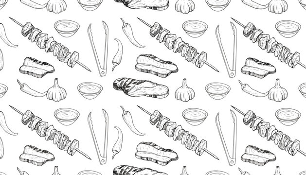Barbecue and grilling sketched seamless pattern with meat skewers and spices