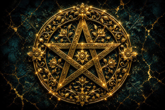 Ornate golden pentagram with decorative filigree on dark marble background