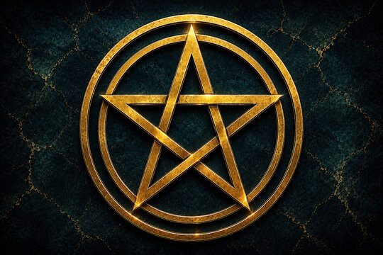 Golden pentagram symbol in circle on dark textured background