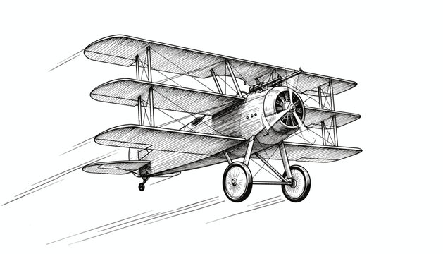 Vintage triplane propeller aircraft flying in motion engraving style