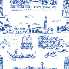 Hand drawn charcoal sketch seamless pattern of Italian landmarks in blue monochrome style, isolated on white background. Vintage Venice and Pisa illustrations for textile, porcelain, packaging, print © Mariia