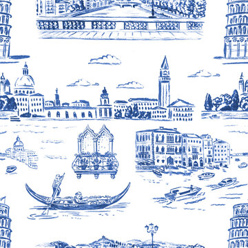 Hand drawn charcoal sketch seamless pattern of Italian landmarks in blue monochrome style, isolated on white background. Vintage Venice and Pisa illustrations for textile, porcelain, packaging, print