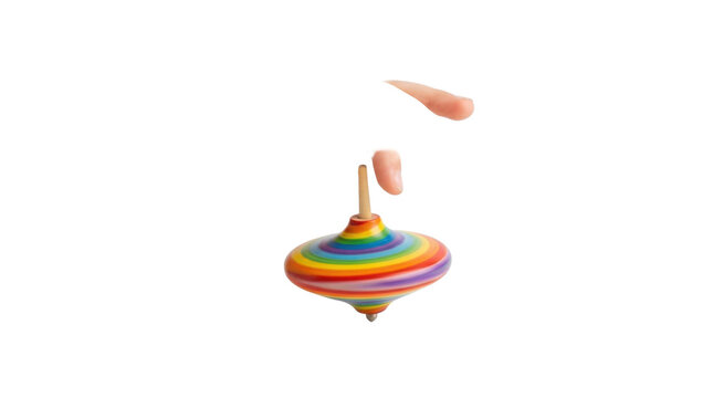 Rainbow spinning top toy with fingers about to spin it PNG Isolated on transparent background