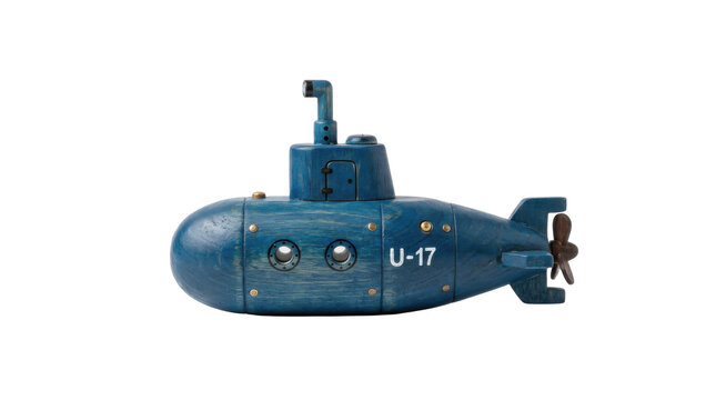 Blue wooden toy submarine with U-17 marking and propeller PNG Isolated on transparent background