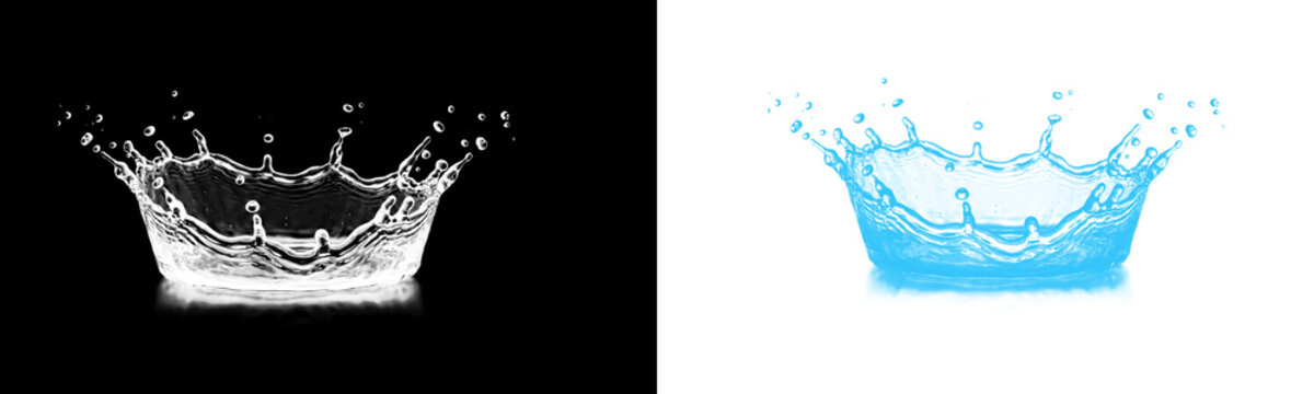 Water splash crown isolated on transparent background and black background