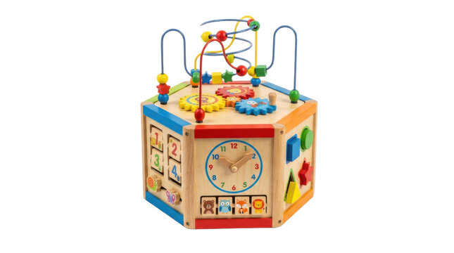 Wooden Activity Cube Toy with Beads Gears Clock and Shape Sorter for Toddlers PNG Isolated on transparent background