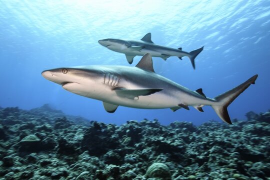 Underwater photograph of two Grey reef sharks (Carcharhinus amblyrhynchos), predatory fish in the foreground, a pregnant female swimming over a coral reef in search of prey, tropical seas, the Red Sea, the Indian Ocean, the Pacific, international
