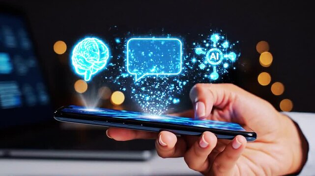 Futuristic digital communication video concept with smartphone and floating ai holograms, artificial intelligence machine learning motion graphics, glowing screen