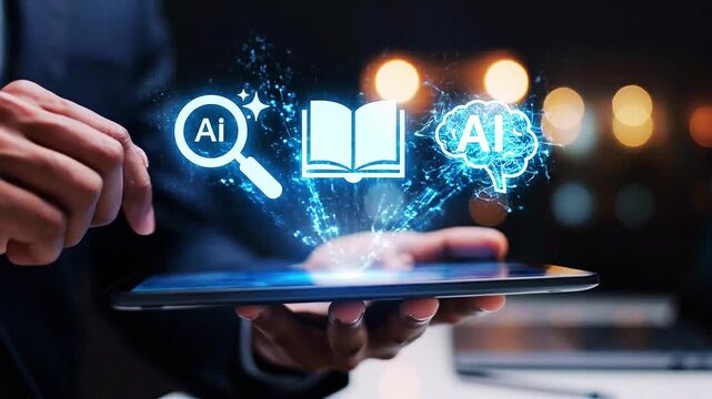 Digital artificial intelligence library concept motion graphic floating above glowing tablet screen