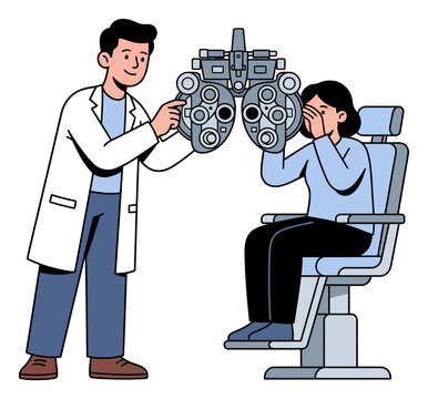 Ophthalmologist examining patient vision. Eye doctor testing sight with phoropter. Optometry clinic vector illustration. Medical checkup colorful cartoon character.