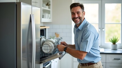 Fototapeta premium Smiling Caucasian man loading the dishwasher with clean dishes in a modern kitchen.