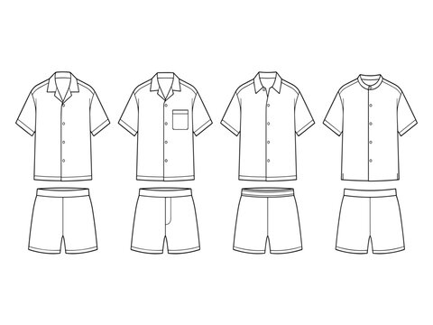 Set of men's short sleeve button up pajama set flat sketch vector illustration, various styles mens summer loungewear technical cad drawing template