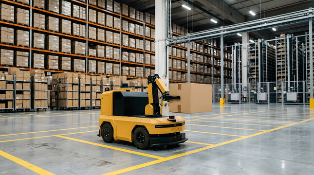 Autonomous yellow robot vehicle moves brown cardboard package inside modern large warehouse facility featuring tall industrial shelving units with concrete floor