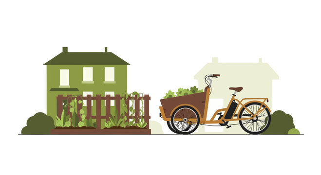 Eco-Friendly Electric Cargo Bike Parked in Front of Sustainable Green House with Garden