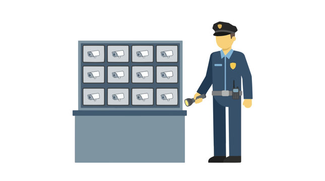 Security guard standing next to large monitors displaying multiple surveillance camera feeds in this flat vector style graphic design illustration