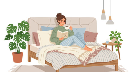 Cozy young woman reading book and drinking hot coffee in bed during peaceful morning routine