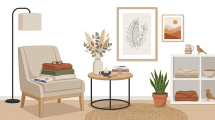 Fototapeta premium Cozy interior design with a comfortable armchair, modern coffee table, minimalist wall art, and warm decorative accents in a bright Scandinavian living room style