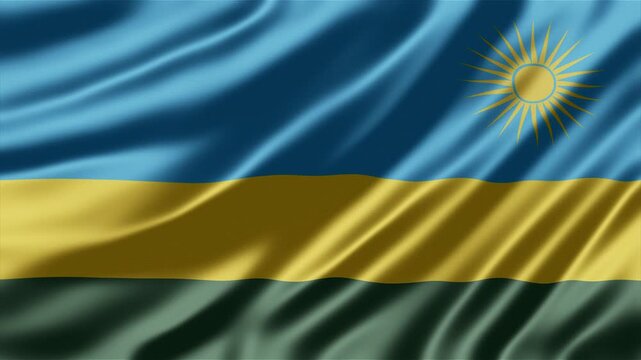 Rwanda flag waving gracefully in the wind creating smooth fabric folds and golden sun digital motion animation video loop background