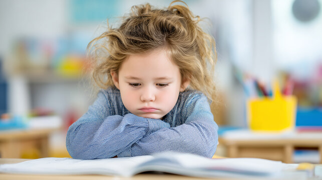 Young girl looking unhappy and bored over an open book at her classroom desk, illustrating school fatigue, frustration, learning difficulties and lack of motivation.