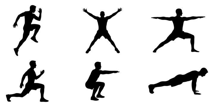 Collection of male fitness silhouettes performing running, jumping, and yoga poses