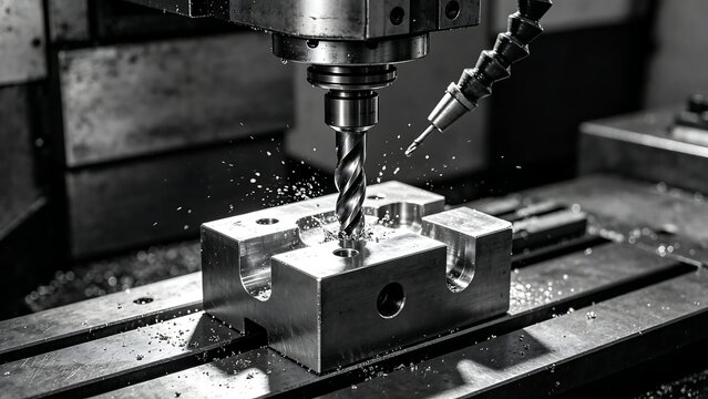 CNC Machine Drilling Metal with Coolant Spray - Industrial
