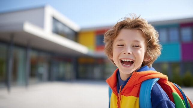 Happy schoolboy laughing outdoors with a colorful backpack near a modern school building, capturing back-to-school excitement, childhood, education and a positive start to the school year.