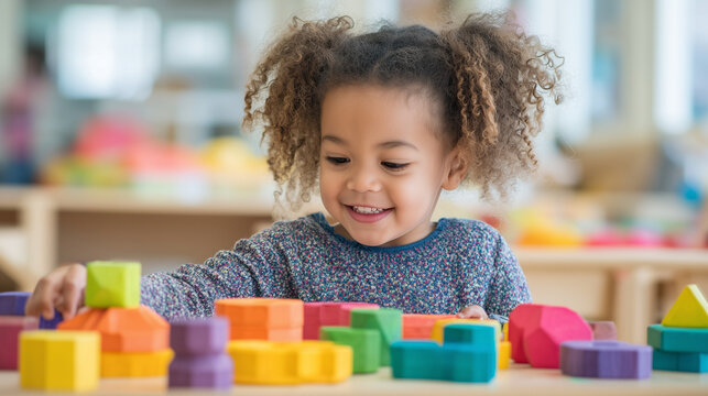 Happy preschool girl playing with colorful building blocks in a classroom, representing early childhood education, creativity, learning, motor skills and playful development.