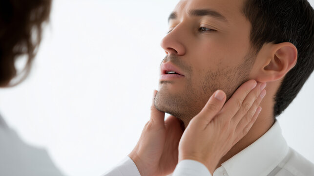 Close-up of a man examining his throat and neck with both hands, illustrating sore throat symptoms, self-care, health concerns and medical consultation concepts.