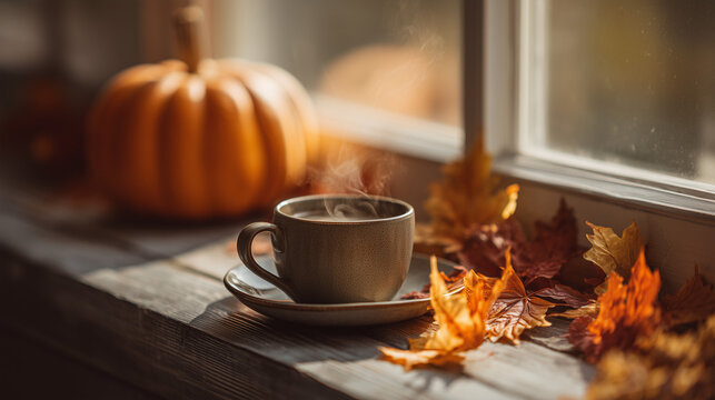 Warm steaming coffee beside a pumpkin and colorful autumn leaves on a rustic windowsill, evoking cozy fall mornings, seasonal comfort, relaxation and autumn lifestyle.