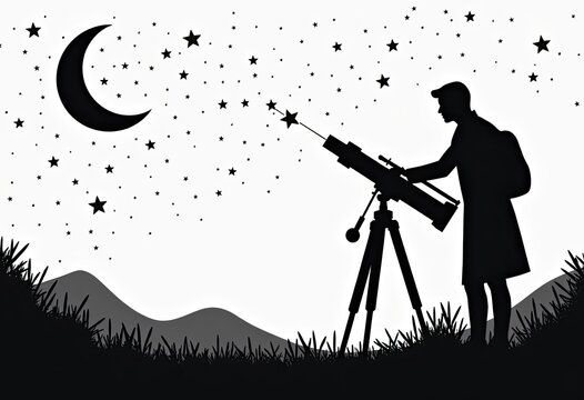 A person uses telescope to observe stars under crescent moon in night sky