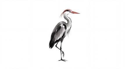 Fototapeta premium Elegant Grey Heron Ink Wash Painting