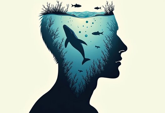 Inside mind ocean world whale swimming among fish and coral underwater